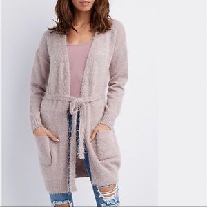 lilac fuzzy belted cardigan